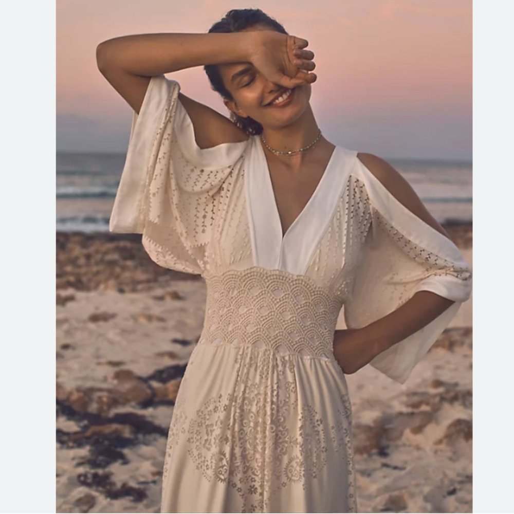 Farm Rio Solana White Lace Floral Boho Midi Dress size Small